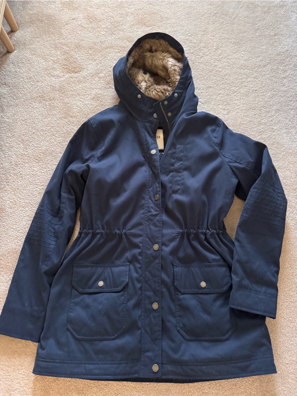 Hollister Navy Hooded Field Coat with Faux-Fur Lining